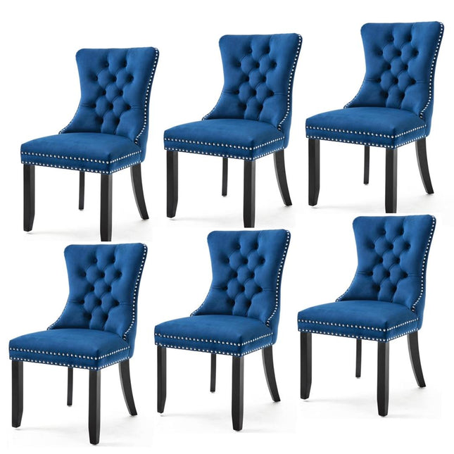 6x Velvet Dining Chairs Upholstered Tufted Kithcen Chair with Solid Wood Legs Stud Trim and Ring-Blue.