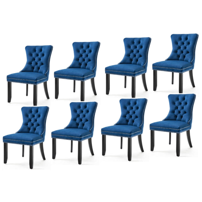 8x Velvet Dining Chairs Upholstered Tufted Kithcen Chair with Solid Wood Legs Stud Trim and Ring-Blue.