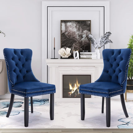 2x Velvet Dining Chairs Upholstered Tufted Kithcen Chair with Solid Wood Legs Stud Trim and Ring-Blue.