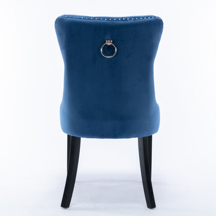 2x Velvet Dining Chairs Upholstered Tufted Kithcen Chair with Solid Wood Legs Stud Trim and Ring-Blue.