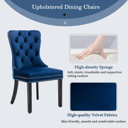 2x Velvet Dining Chairs Upholstered Tufted Kithcen Chair with Solid Wood Legs Stud Trim and Ring-Blue.