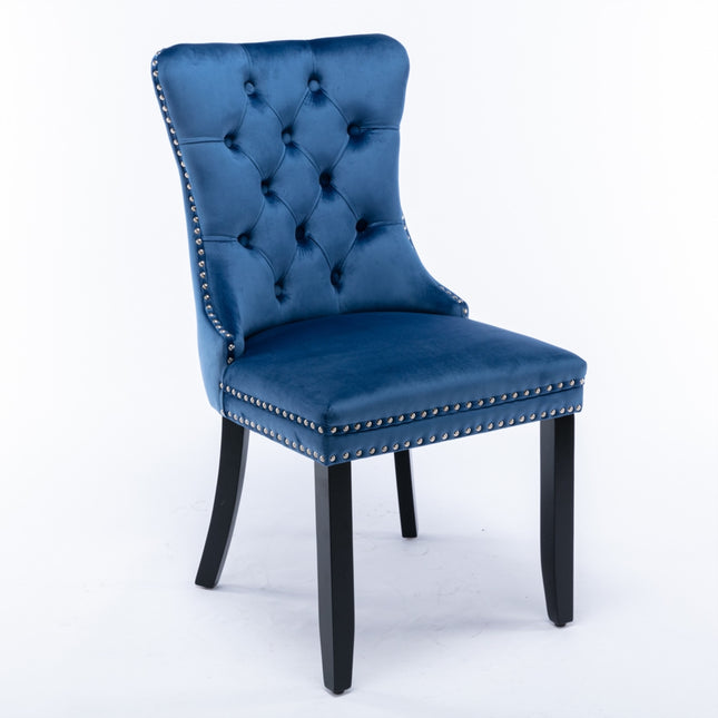 2x Velvet Dining Chairs Upholstered Tufted Kithcen Chair with Solid Wood Legs Stud Trim and Ring-Blue.