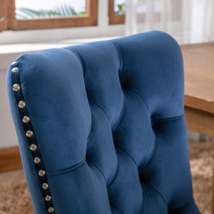 2x Velvet Dining Chairs Upholstered Tufted Kithcen Chair with Solid Wood Legs Stud Trim and Ring-Blue.