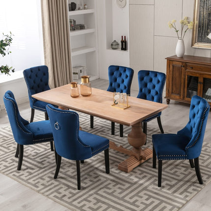 2x Velvet Dining Chairs Upholstered Tufted Kithcen Chair with Solid Wood Legs Stud Trim and Ring-Blue.