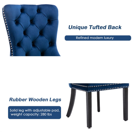 2x Velvet Dining Chairs Upholstered Tufted Kithcen Chair with Solid Wood Legs Stud Trim and Ring-Blue.