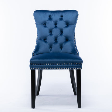 2x Velvet Dining Chairs Upholstered Tufted Kithcen Chair with Solid Wood Legs Stud Trim and Ring-Blue.