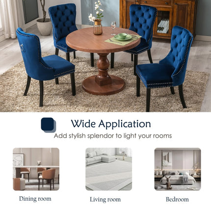 2x Velvet Dining Chairs Upholstered Tufted Kithcen Chair with Solid Wood Legs Stud Trim and Ring-Blue.