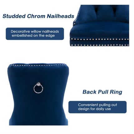 2x Velvet Dining Chairs Upholstered Tufted Kithcen Chair with Solid Wood Legs Stud Trim and Ring-Blue.