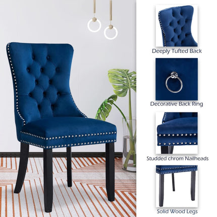 2x Velvet Dining Chairs Upholstered Tufted Kithcen Chair with Solid Wood Legs Stud Trim and Ring-Blue.