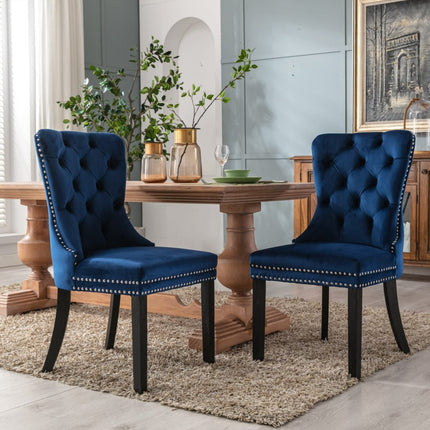 2x Velvet Dining Chairs Upholstered Tufted Kithcen Chair with Solid Wood Legs Stud Trim and Ring-Blue.