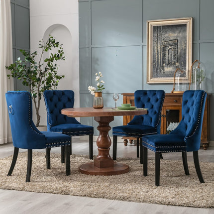 2x Velvet Dining Chairs Upholstered Tufted Kithcen Chair with Solid Wood Legs Stud Trim and Ring-Blue.
