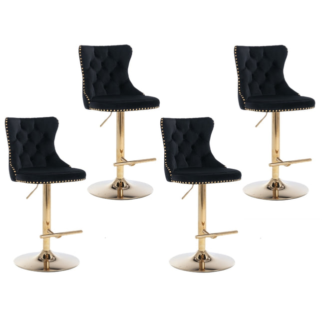 4x Height Adjustable Swivel Bar Stool Velvet Studs Barstool with Footrest and Golden Base- Black.