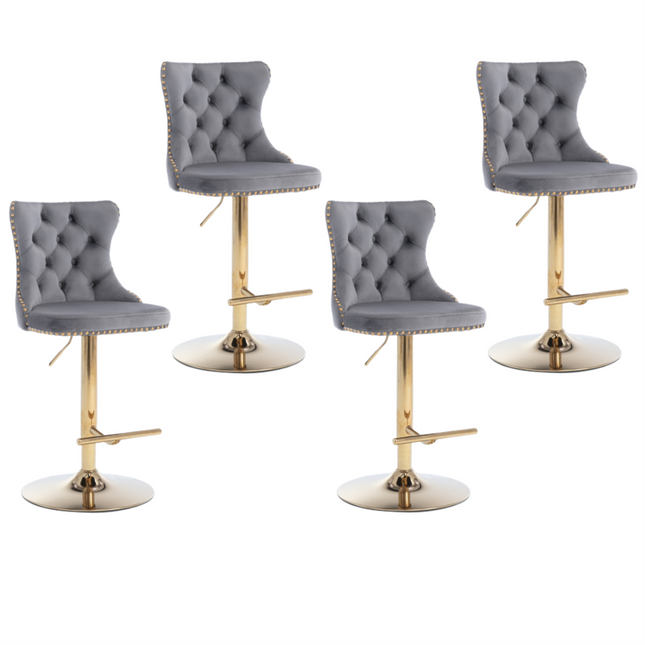 4x Height Adjustable Swivel Bar Stool Velvet Studs Barstool with Footrest and Golden Base- Grey.
