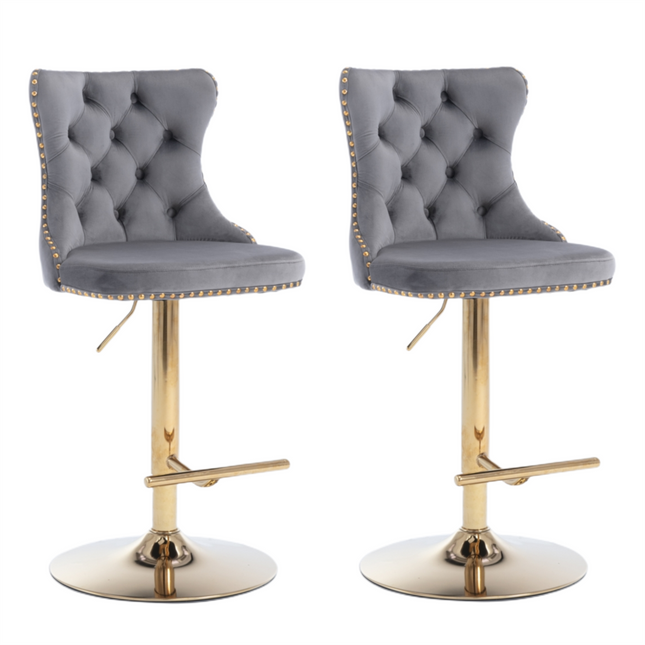 2x Height Adjustable Swivel Bar Stool Velvet Studs Barstool with Footrest and Golden Base- Grey.