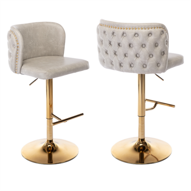 2x Faux Leather Golden Base Swivel Bar Stools- Beige.