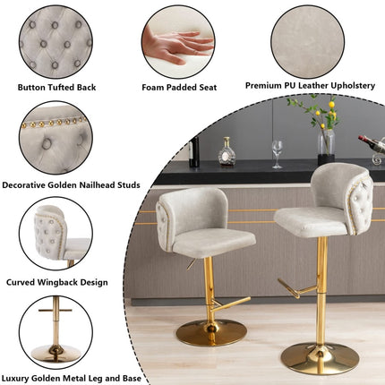 2x Faux Leather Golden Base Swivel Bar Stools- Beige.