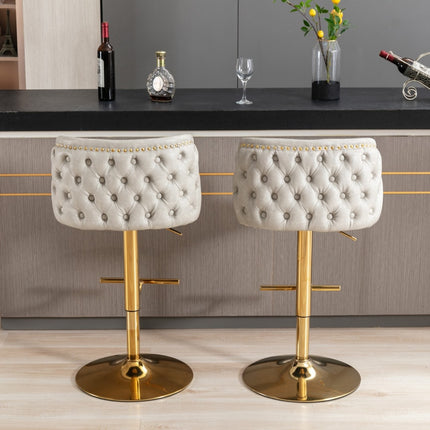 2x Faux Leather Golden Base Swivel Bar Stools- Beige.