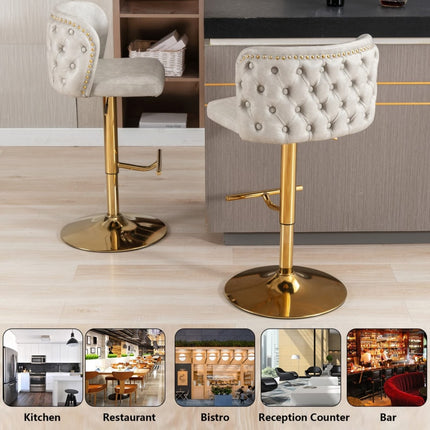 2x Faux Leather Golden Base Swivel Bar Stools- Beige.