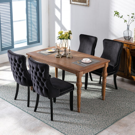 2x Velvet Upholstered Dining Chairs Tufted Wingback Side Chair with Studs Trim Solid Wood Legs for Kitchen.