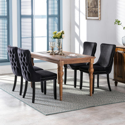 2x Velvet Upholstered Dining Chairs Tufted Wingback Side Chair with Studs Trim Solid Wood Legs for Kitchen.