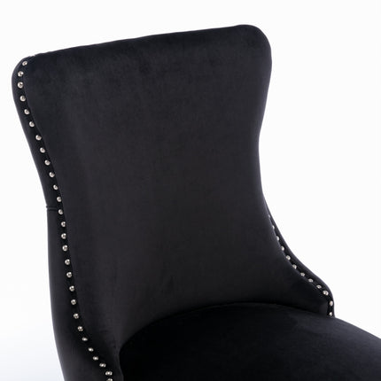 2x Velvet Upholstered Dining Chairs Tufted Wingback Side Chair with Studs Trim Solid Wood Legs for Kitchen.