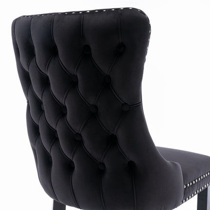 2x Velvet Upholstered Dining Chairs Tufted Wingback Side Chair with Studs Trim Solid Wood Legs for Kitchen.
