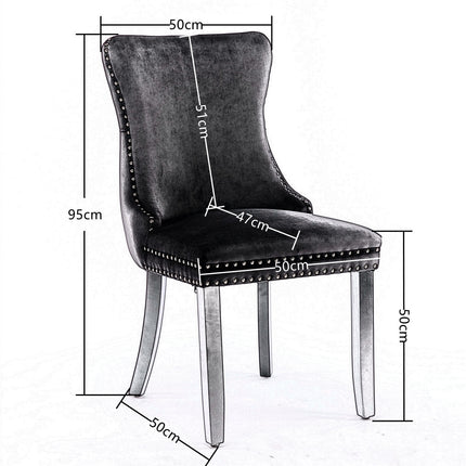 2x Velvet Upholstered Dining Chairs Tufted Wingback Side Chair with Studs Trim Solid Wood Legs for Kitchen.