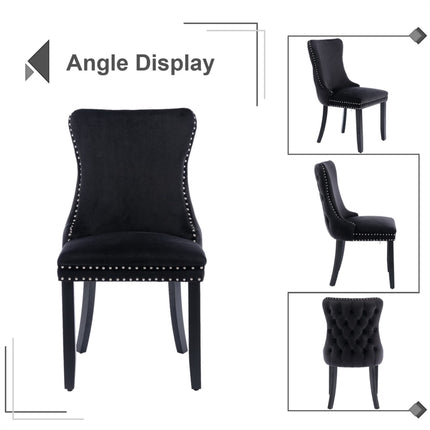2x Velvet Upholstered Dining Chairs Tufted Wingback Side Chair with Studs Trim Solid Wood Legs for Kitchen.