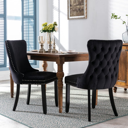 2x Velvet Upholstered Dining Chairs Tufted Wingback Side Chair with Studs Trim Solid Wood Legs for Kitchen.