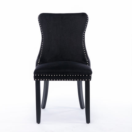 2x Velvet Upholstered Dining Chairs Tufted Wingback Side Chair with Studs Trim Solid Wood Legs for Kitchen.