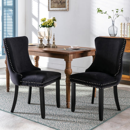 2x Velvet Upholstered Dining Chairs Tufted Wingback Side Chair with Studs Trim Solid Wood Legs for Kitchen.
