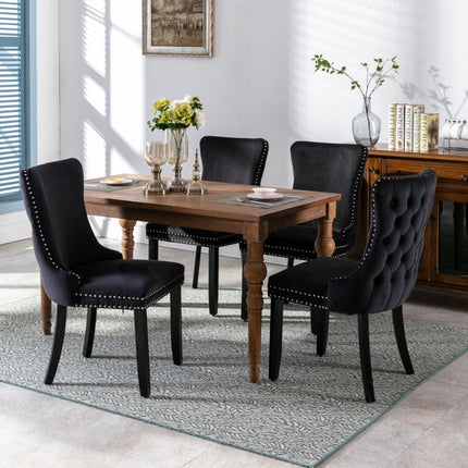 2x Velvet Upholstered Dining Chairs Tufted Wingback Side Chair with Studs Trim Solid Wood Legs for Kitchen.