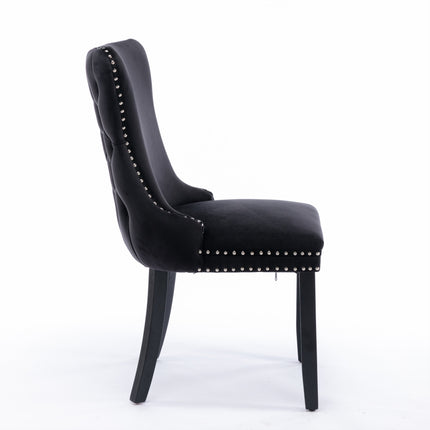 2x Velvet Upholstered Dining Chairs Tufted Wingback Side Chair with Studs Trim Solid Wood Legs for Kitchen.