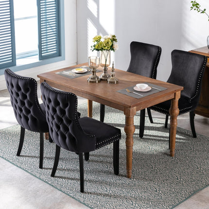 2x Velvet Upholstered Dining Chairs Tufted Wingback Side Chair with Studs Trim Solid Wood Legs for Kitchen.