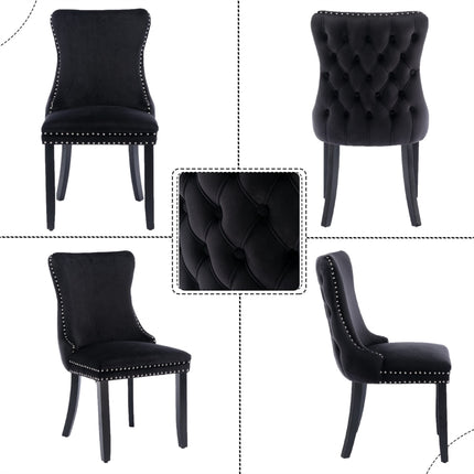 2x Velvet Upholstered Dining Chairs Tufted Wingback Side Chair with Studs Trim Solid Wood Legs for Kitchen.