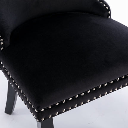 2x Velvet Upholstered Dining Chairs Tufted Wingback Side Chair with Studs Trim Solid Wood Legs for Kitchen.