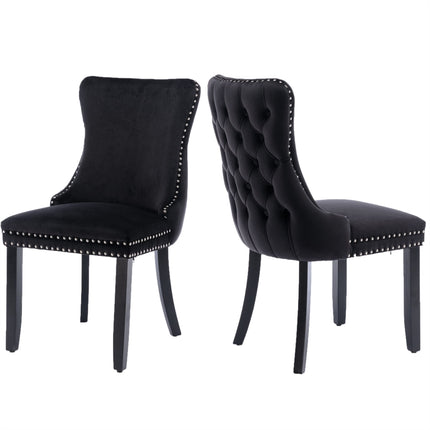 2x Velvet Upholstered Dining Chairs Tufted Wingback Side Chair with Studs Trim Solid Wood Legs for Kitchen.