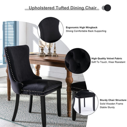 2x Velvet Upholstered Dining Chairs Tufted Wingback Side Chair with Studs Trim Solid Wood Legs for Kitchen.