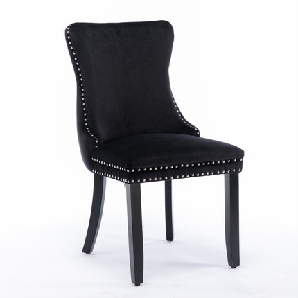 2x Velvet Upholstered Dining Chairs Tufted Wingback Side Chair with Studs Trim Solid Wood Legs for Kitchen.