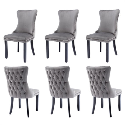 6x Velvet Upholstered Dining Chairs Tufted Wingback Side Chair with Studs Trim Solid Wood Legs for Kitchen.