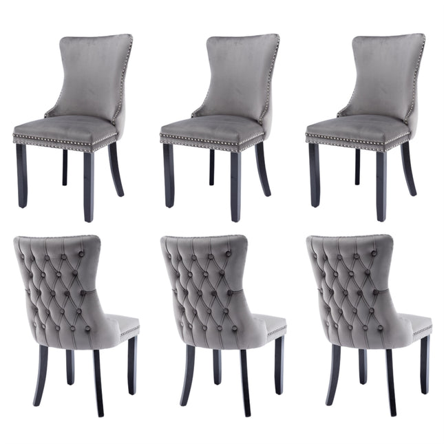 6x Velvet Upholstered Dining Chairs Tufted Wingback Side Chair with Studs Trim Solid Wood Legs for Kitchen.