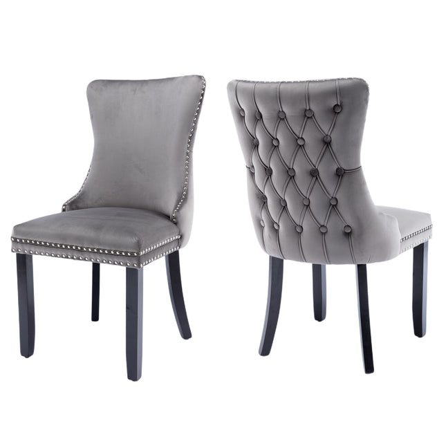 6x Velvet Upholstered Dining Chairs Tufted Wingback Side Chair with Studs Trim Solid Wood Legs for Kitchen.