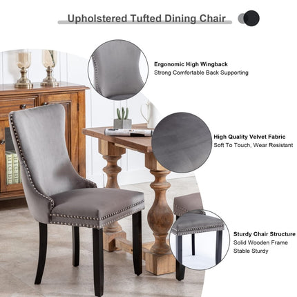 6x Velvet Upholstered Dining Chairs Tufted Wingback Side Chair with Studs Trim Solid Wood Legs for Kitchen.