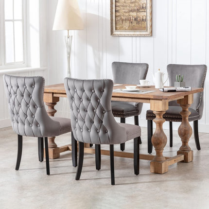 6x Velvet Upholstered Dining Chairs Tufted Wingback Side Chair with Studs Trim Solid Wood Legs for Kitchen.