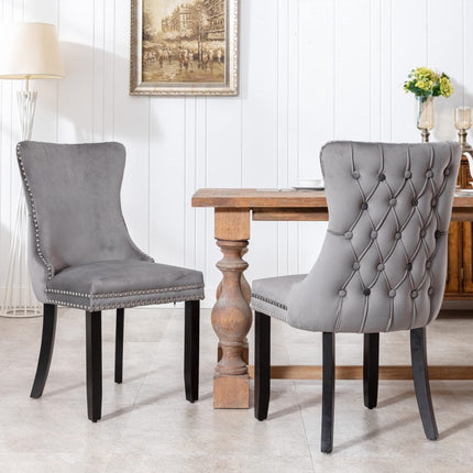 6x Velvet Upholstered Dining Chairs Tufted Wingback Side Chair with Studs Trim Solid Wood Legs for Kitchen.