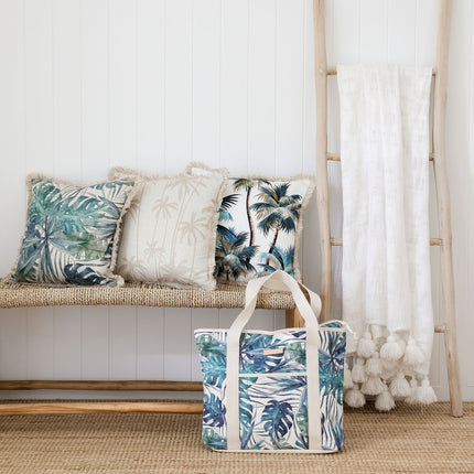 Cushion Cover-Coastal Fringe Natural-Palm Trees White-45cm x 45cm.