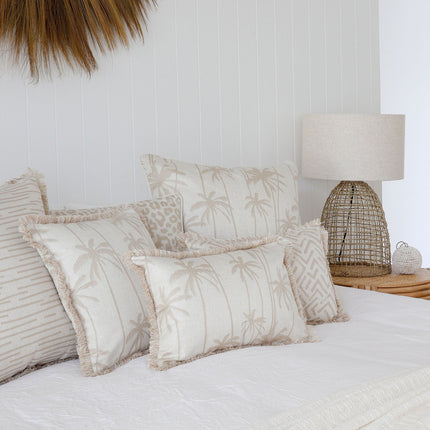 Cushion Cover-Coastal Fringe-Tall-Palms-Beige-35cm x 50cm.