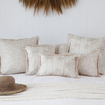 Cushion Cover-Coastal Fringe-Tall-Palms-Beige-35cm x 50cm.