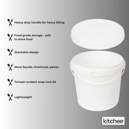 Kitchee Bulk 10x 5L Plastic Buckets + Lids - Empty White With Handle Large Pail.