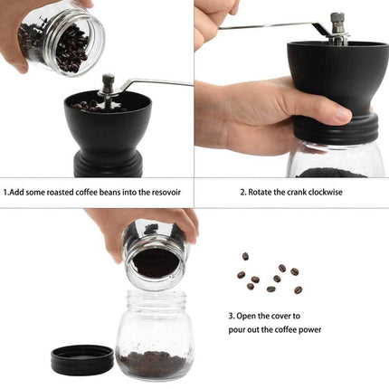 Coffee Bean Grinder - Manual Hand Stainless Ceramic Burr Core Glass Jar Nut Mill.